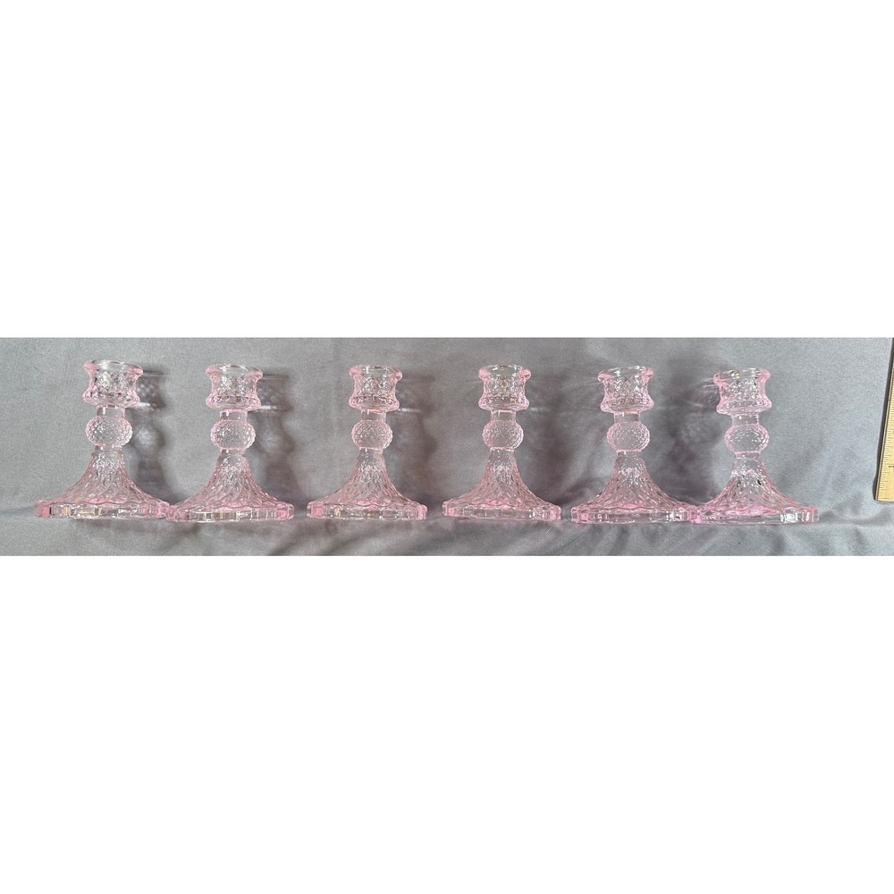 6 Pink Pressed Glass Taper Candle Holders Diamond Point Orb Stem Vintage Style
